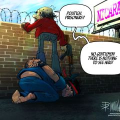 Pedro X. Molina cartoon depicting Nicaraguan dictator Daniel Ortega peering over prison wall while standing on prisoner